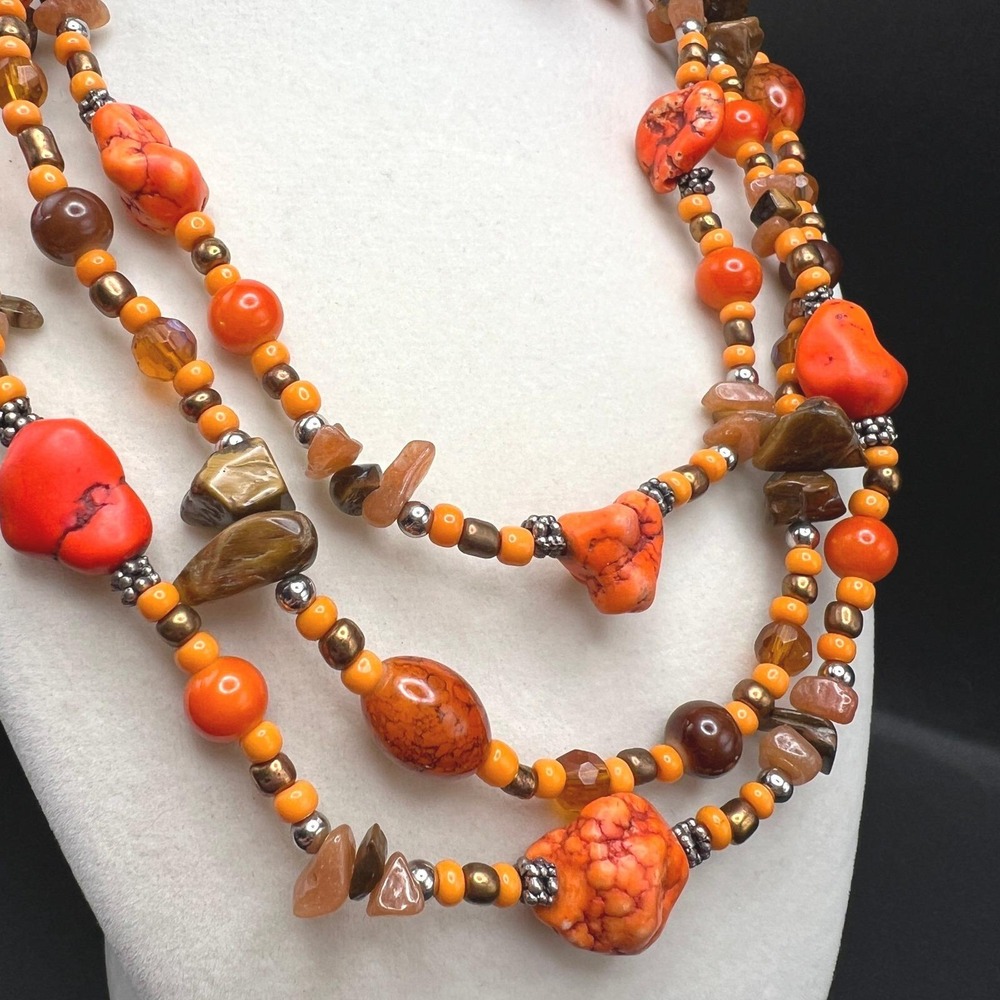 Multi Strand Necklace Earrings Set Orange Howlite Tigers Eye Boho Bright